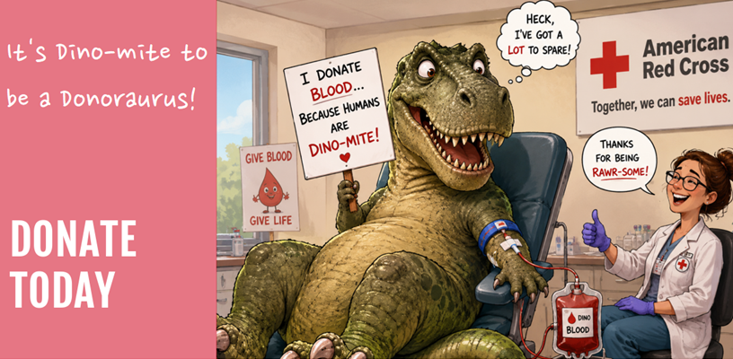 Be a Donoraurus by donating blood this summer!